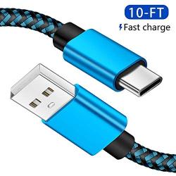 USB C Cable 10ft, USB Type C Cable for S9 Charger Cable Fast Charging Cord, Extra Long Nylon Braided Cable for Sumsung Galaxy S20 S10 S8 Plus Note9 8, Moto Z, Google Pixel, LG V40, BLU G9 Pro(Blue)