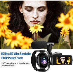 Video Camera 4K Camcorder with Microphone Vlogging Camera YouTube Camera Recorder Ultra HD 30MP 3.0" IPS Touch Screen with Lens Hood & 2 Batteries