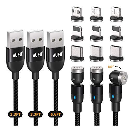 Magnetic Charger Phone Charging Cable USB Charger 360° & 180° Magnet Charging Cables Compatible with Micro Type C Iproduct (Black/3Pack/3.3FT/3.3FT/6.6FT)