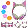 MeterMal Earphonel Cute Cat Ear Rechargeable Gaming Headset with LED Lights Colorful Over Ear Foldable Headphones with Mic for Cell Phone Pink