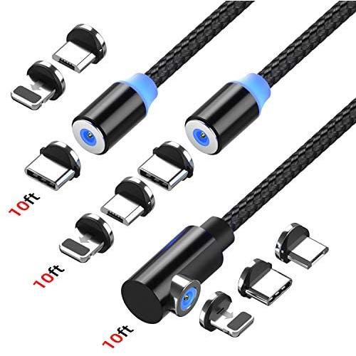 Magnetic Charging cable, Ankndo USB Magnetic Cable [3-Pack,10ft/10ft/10ft] 3-in-1 Magnetic Phone Charger Cable 360° Magnetic Charger Nylon Braided Cord Compatible Micro USB, Type C and iProduct Device