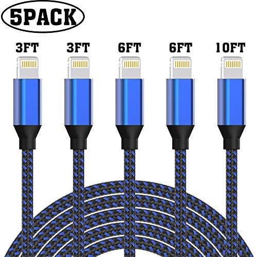 Binecsies MFi Certified iPhone Charger Lightning Cable 5 Pack[3/3/6/6/10FT]Extra Long Nylon Braided USB Charging&Syncing Cord Compatible iPhone Xs/Max/XR/X/8/8Plus/7/7Plus/6S/6S Plus/SE/iPad/Nan More