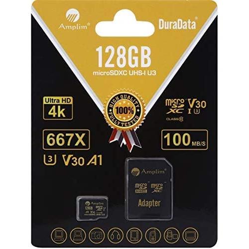 Amplim 128GB Micro SD SDXC V30 A1 Memory Card Plus Adapter Pack (Class 10 U3 UHS-I Pro MicroSD XC) 128 GB Ultra High Speed 667X 100MB/s UHS-1 TF MicroSDXC 4K Flash - Cell Phone, Drone, Camera
