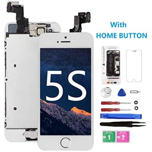 for iPhone 5S Screen Replacement with Home Button[White], Mobkitfp Full Assembly LCD Display Digitizer Screen with Magnetic Screw Mat+Repair Tools Kit+Tempered Glass for A1533, A1530, A1453, A1457