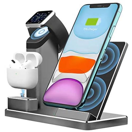 Aluminum Alloy Wireless Charger. ZIKU 3 in 1 Wireless Charging Stand Station Dock for Airpods Apple Watch 5/4/3/2 iPhone SE /11/ pro mas X/XS/XR/Xs Max/8/8 Plus- Include 18W USB-C Charger (Gray)