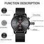 GOLDEN HOUR Mens Watches Fashion Sport Quartz Analog Black Mesh Stainless Steel Waterproof Chronograph Wrist Watch, Auto Date in Blue/Red/Gold Hands