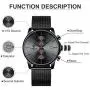GOLDEN HOUR Mens Watches Fashion Sport Quartz Analog Black Mesh Stainless Steel Waterproof Chronograph Wrist Watch, Auto Date in Blue/Red/Gold Hands