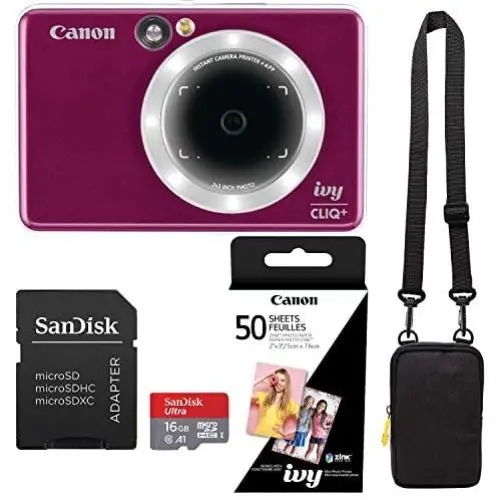 Canon Ivy Cliq+ Ruby Red Instant Camera Printer Bundle with Zink Paper (50 Sheets), Camera Bag and 16GB MicroSD Memory Card Canon Ivy Cliq+ Ruby Red Instant Camera Printer Bundle with Zink Paper (50 Sheets), Camera Bag and 16GB MicroSD Memory Card