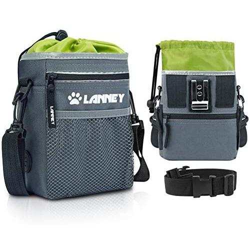 LANNEY Dog Treat Pouch Pet Training Bag for Small to Large Dogs, Treat Tote Carry Kibble Snacks Toys for Training Reward Walking, Metal Clip, Waist Belt, Shoulder Strap, Poop Bag Dispenser