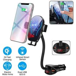 WALOTAR Car Cigarette Lighter Wireless Charger- Phone Holder Mount,Automatic Infrared Smart Sensing 10W Qi Fast Wireless Charging Cradle for Cell Phone,Dual USB, Double QC3.0 Output