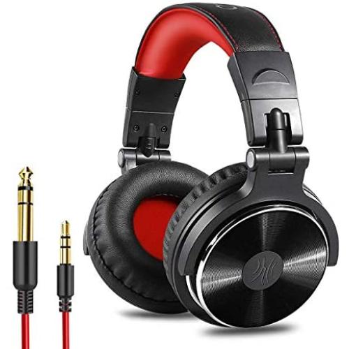 OneOdio Over Ear Headphone, Wired Bass Headsets with 50mm Driver, Foldable Lightweight Headphones with Shareport and Mic for Recording Monitoring Podcast Guitar PC TV - (Red)