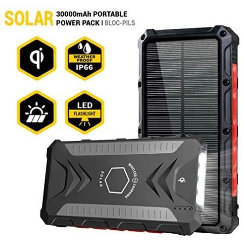 Movic Solar Power Bank 30000mAh, Portable Qi Wireless Charger, Outputs 5V/3A High-Speed & 2 Inputs Huge Capacity Phone Charger for Smartphones, IP67 Rating, Strong Light LED Flashlights (Red)