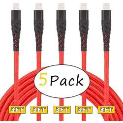 iPhone Charger Cable,5 Pack 3 ft Lightning Cable & Data Sync Fast 3 Foot Nylon Braided Cord Compatible with iPhone Xs max/xr/x/8/8 Plus/7/7plus/6/6s Plus/5s/5,iPad(red)