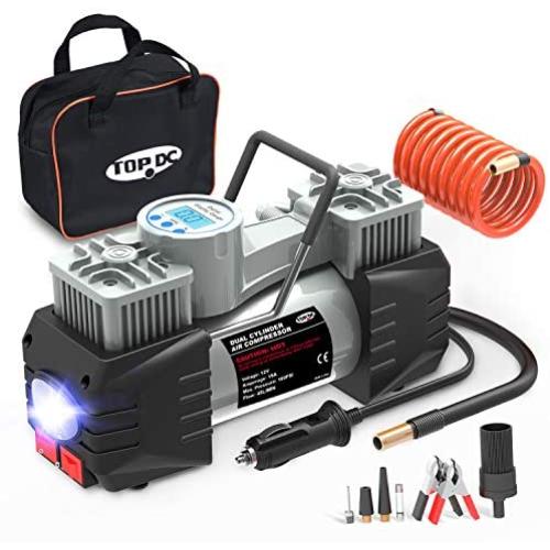 TOPDC Air Compressor Tire Inflator, 12V DC Dual Cylinder Digital Tire Inflator with LED Light for Car, Bicycle, Motorcycle, Basketball and Other
