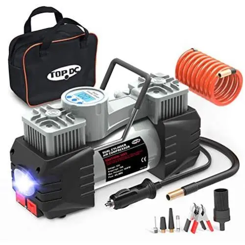 TOPDC Air Compressor Tire Inflator, 12V DC Dual Cylinder Digital Tire Inflator with LED Light for Car, Bicycle, Motorcycle, Basketball and Other