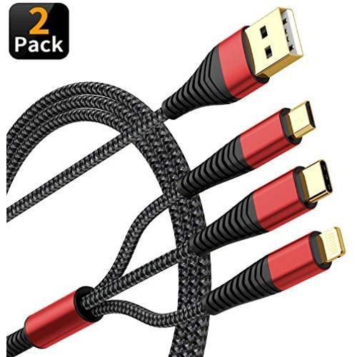 [Upgraded] Multi Charger Cable, 2Pack 6ft Nylon Braided Universal 3 in 1 Multiple Ports Devices USB Charging Cord with Gold-Plated iOS/Type C/Micro USB Connectors for Phones Tablets (Charging Only)