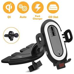 Wireless Car Charger CD Phone Mount, CD Slot Charging Holder Auto Clamping CD Player Phone Mount Air Vent Compatible with iPhone 11 Pro XS Max XR X 8 Galaxy S10 Plus S9 S8 S7 S6 Note 10 9 8