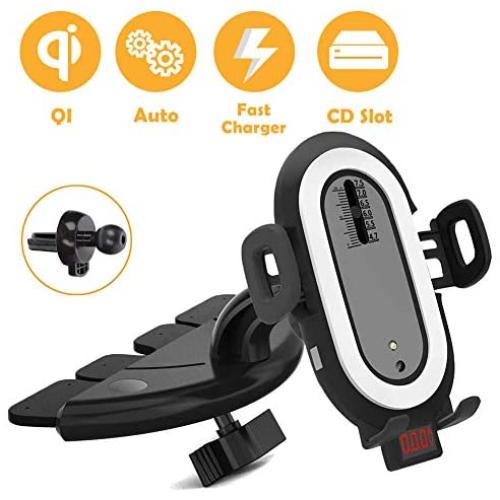 Wireless Car Charger CD Phone Mount, CD Slot Charging Holder Auto Clamping CD Player Phone Mount Air Vent Compatible with iPhone 11 Pro XS Max XR X 8 Galaxy S10 Plus S9 S8 S7 S6 Note 10 9 8