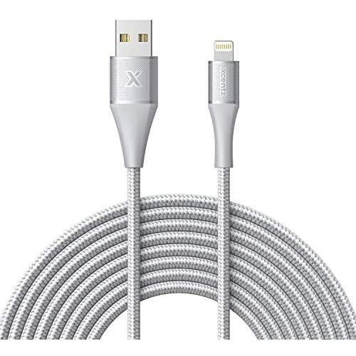 Xcentz iPhone Charger 10ft, Apple MFi Certified Lightning Cable, Braided Nylon High-Speed iPhone Cable with Premium Metal Connector for iPhone 11/X/XS/XR/XS Max/8/7/6/5S/SE, iPad Mini/Air, Silver