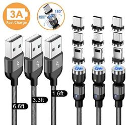 A.S Gen2 Magnetic Charging Cable, 540° Rotation Magnetic Phone USB Cable, 3A Fast Charging Data Transfer Charger Cable Compatible with USB C, Micro USB and iProduct (Black, 1.6ft+3.3ft+6.6ft)