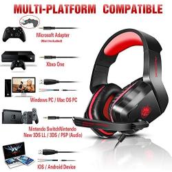 Xbox One Gaming Headset, PHOINIKAS H1 Wired Gaming Headset for PS4, PC, Laptop, Mac, iPad, Nintendo Switch Games, Over Ear Headphone with Microphone, Bass 5.1 Surround, LED Light, Gift for Kids (Red)