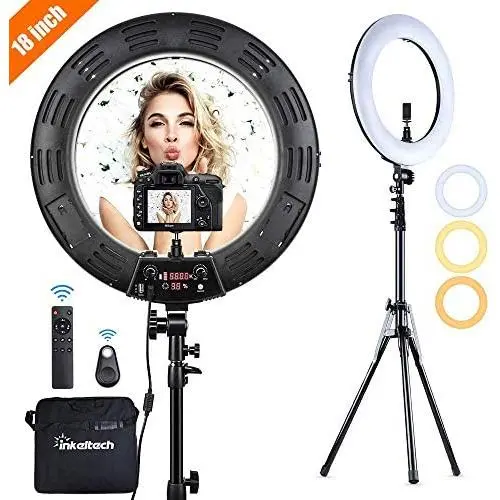 Inkeltech Ring Light - 18 inch 3000K-6000K Dimmable Bi-Color Light Ring, 60W LED Ring Light with Stand, Lighting Kit for Vlog, Selfie, Makeup, YouTube, Camera, Phone - LCD Screen & Remote Control Inkeltech Ring Light - 18 inch 3000K-6000K Dimmable Bi-Color Light Ring, 60W LED Ring Light with Stand, Lighting Kit for Vlog, Selfie, Makeup, YouTube, Camera, Phone - LCD Screen & Remote Control