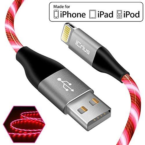 iPhone Charger Cable, [MFi Certified] iCrius 6ft Led Light Up Visible Flowing Lightning Cable Fast Charging Syncing Cord Compatible with iPhone 11 Pro Max XS XR X 8 7 Plus 6S 6 SE 5S and More(Red)