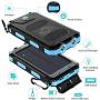 Solar Charger, 20000mAh Portable Outdoor Waterproof Solar Power Bank, Camping External Backup Battery Pack Dual 5V USB Ports Output, 2 Led Light Flashlight with Compass (Blue)