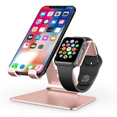 Apple Watch Stand, OMOTON 2 in 1 Universal Desktop Stand Holder for iPhone and Apple Watch Series 5/4/3/2/1 (Both 38mm/40mm/42mm/44mm) (Rose Gold)