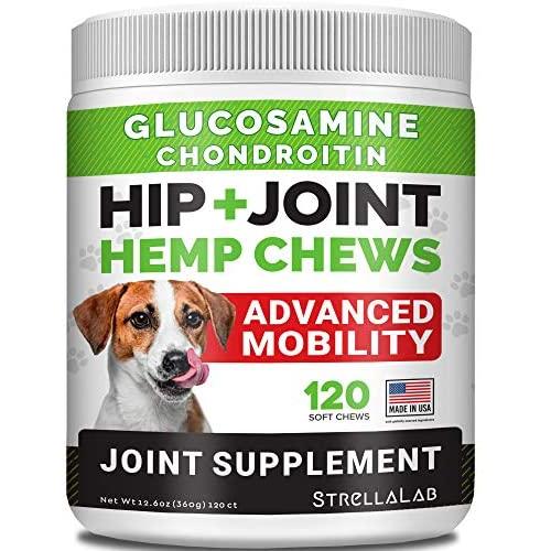 STRELLALAB Hemp Treats - Glucosamine Dog Joint Supplement + Omega 3 - w/Hemp Oil - Chondroitin, MSM - Advanced Mobility Chews - Joint Pain Relief - Hip & Joint Care - 120 Ct - Made in USA