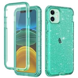 LONTECT for iPhone 11 Case Built-in Screen Protector Glitter Clear Sparkly Bling Rugged Shockproof Hybrid Full Body Protective Case Cover for Apple iPhone 11 6.1 2019, Green Clear/Silver Glitter