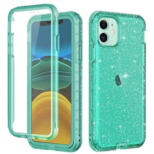 LONTECT for iPhone 11 Case Built-in Screen Protector Glitter Clear Sparkly Bling Rugged Shockproof Hybrid Full Body Protective Case Cover for Apple iPhone 11 6.1 2019, Green Clear/Silver Glitter
