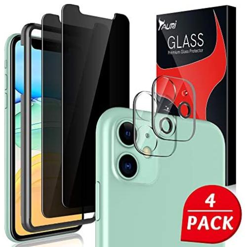 [4 Pack] Tauri 2 Pack Privacy Screen protector + 2 Pack camera lens Protector for iPhone 11 Tempered Glass Screen Protector 6.1-inch, Bubble Free, Peep/Glare/Scratch-resistant