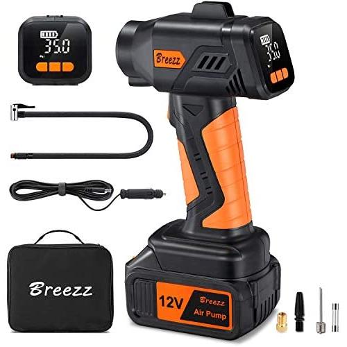 Cordless Tire Inflator, Breezz Portable Air Compressor with Digital Pressure Gauge Air Pump Including Rechargeable Li-ion Battery and 12V Car Power Cord