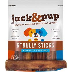 Jack&Pup 6-inch Premium Grade Odor Free Bully Sticks Dog Treats [Jumbo-Thick Size],– 6” Long Natural Gourmet Chews Dog Treat – Savory and Fresh Beef Flavor – 60% Longer Lasting Bully Stick