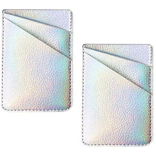 uCOLOR Two Pack Phone Card Holder PU Leather Iridescent Silver Wallet Pocket Credit Card ID Case Pouch 3M Adhesive Sticker on Phone Samsung Galaxy Android Smartphones(fit for 4.7" Phone or Above)