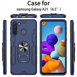 Phone Case for Samsung Galaxy A21 with Tempered Glass Screen Protector Cover and Magnetic Stand Ring Holder Slim Hybrid Hard Cell Accessories Glaxay A 21 21A A21Case GalaxyA21 A215 2020 Cases Blue