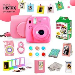 Fujifilm Instax Mini 9 Bundle (Flamingo Pink) - Fuji Camera Instant Film (20 Sheets) + 11-in-1 Accessory Bundle – Carry Case, 6 Color Filters, 2 Photo Albums, Assorted Frames, Selfie Lens & Much More