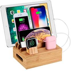 WXTOOLS Bamboo Wood Desk Organizer for Multiple Devices, Charging Stations Accessories Docking Cradle Holder Compatible Cell Phone, Tablet, Apple Watch, Airpods