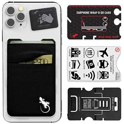 Double Pocket Gecko Phone Wallet - Smartphone Adhesive Card Holder - Cell Phone Pouch - Mobile Stick on Lycra Pocket by Gecko - Carry Credit Cards and Cash – (Black-White)