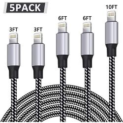 WUYA iPhone Charger, MFi Certified Lightning Cable 5 Pack (3/3/6/6/10FT) Nylon Woven with Metal Connector Compatible iPhone Xs Max/ X/8/7/Plus/6S/6/SE/5S iPad - Black&White