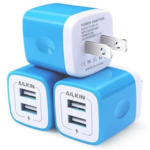 USB Wall Charger, AILKIN 3-Pack 2.1A Dual Port USB Plug Power Adapter Charging Cube Replacement for iPhone X 8/7/6 Plus SE/5S/4S,iPad, iPod, Samsung, Android Phone, and Other Charger Brick Plug-Blue