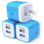 USB Wall Charger, AILKIN 3-Pack 2.1A Dual Port USB Plug Power Adapter Charging Cube Replacement for iPhone X 8/7/6 Plus SE/5S/4S,iPad, iPod, Samsung, Android Phone, and Other Charger Brick Plug-Blue