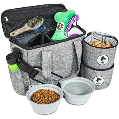 Top Dog Travel Bag - Airline Approved Travel Set for Dogs Stores All Your Dog Accessories - Includes Travel Bag, 2X Food Storage Containers and 2X Collapsible Dog Bowls - Gray