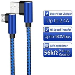 Micro USB Cable Android Charger - [2-Pack 10FT] 90 Degree Right Angle Nylon-Braided Fast Sync & Charging Cord Compatible with Galaxy, Kindle, Nexus, LG, Xbox, PS4, Smartphones & More(Blue)