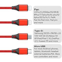 Multi Charging Cable, Multi USB Cable 3A 4FT USB Charging Cable Nylon Braided Universal 4in1 Multi Charger Cable Adapter Type-C/Micro USB Port,Compatible with Cell Phones and More (Red,1Pack)