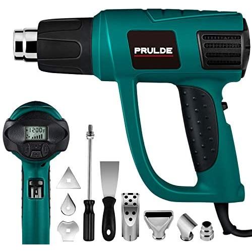 Heat Gun Variable Temperature, PRULDE N2030 Hot Air Gun with LCD Digital Display, 120°F-1200°F Temperature & Air Flow Adjustable and 6 Nozzles Attachments