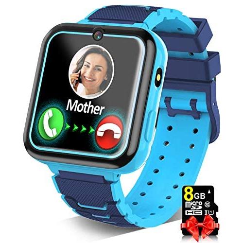 Kids Game Smart Watch for Boys Girls SmartWatch Phone with 7 Intelligent Games 8GB Micro SD Card SOS Alarm Timer 12/24 Hr Music MP3 Player for 4-12 Years Old Students Children Birthday Gift (3.Blue)