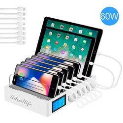 ideallife Charging Station Dock for 7 Ports USB Charger, 60W Desktop Docking Station Organizer with 7 Short Mixed Cables for Cell Phones, Smart Phones, Tablets, Multiple Device(White)