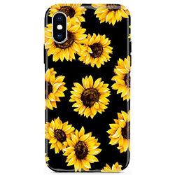 J.west iPhone Xs Case Vintage Flower Floral, Cute Yellow Sunflowers Black Soft Cover for Girls/Women Sturdy Flexible Slim fit Fashion Design Pattern Drop Protective Case for iPhone X/XS